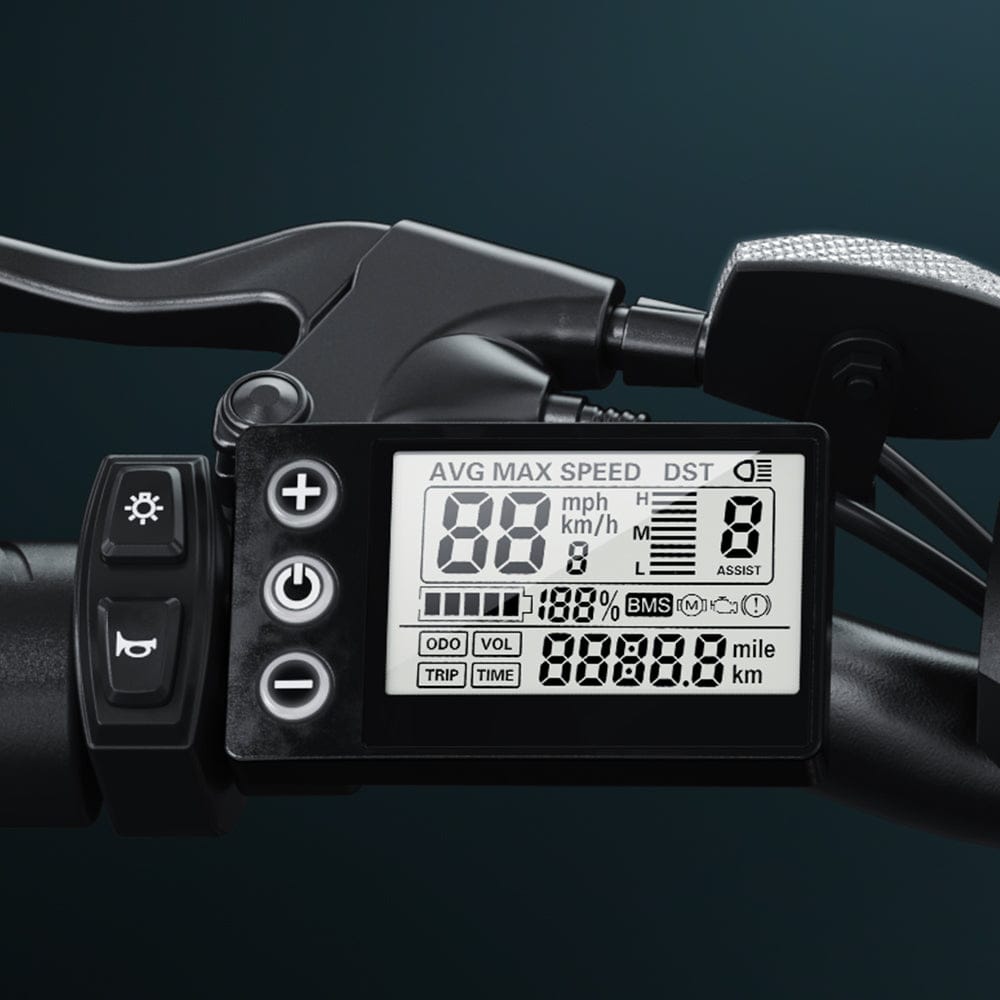 Electric Bike handlebar with digital display showing various metrics on a dark background