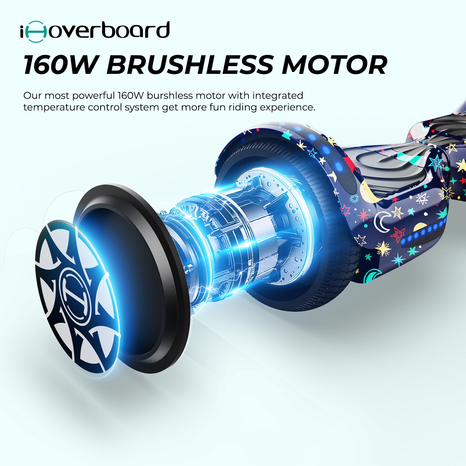 A detailed diagram of the iHoverboard Hoverboard for Kids, 6.5" Self-Balancing with Bluetooth LED Lights shows its 160W brushless motor, blue glow, internal parts, star and moon pattern, plus text on motor power and temp control. CE Certified-H1. A detailed diagram of the iHoverboard Hoverboard for Kids, 6.5" Self-Balancing with Bluetooth LED Lights shows its 160W brushless motor, blue glow, internal parts, star and moon pattern, plus text on motor power and temp control. CE Certified-H1.