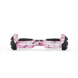 A hoverboard h2 with a vibrant pink camouflage pattern is displayed against a white background, featuring black footpads and sturdy black wheels.