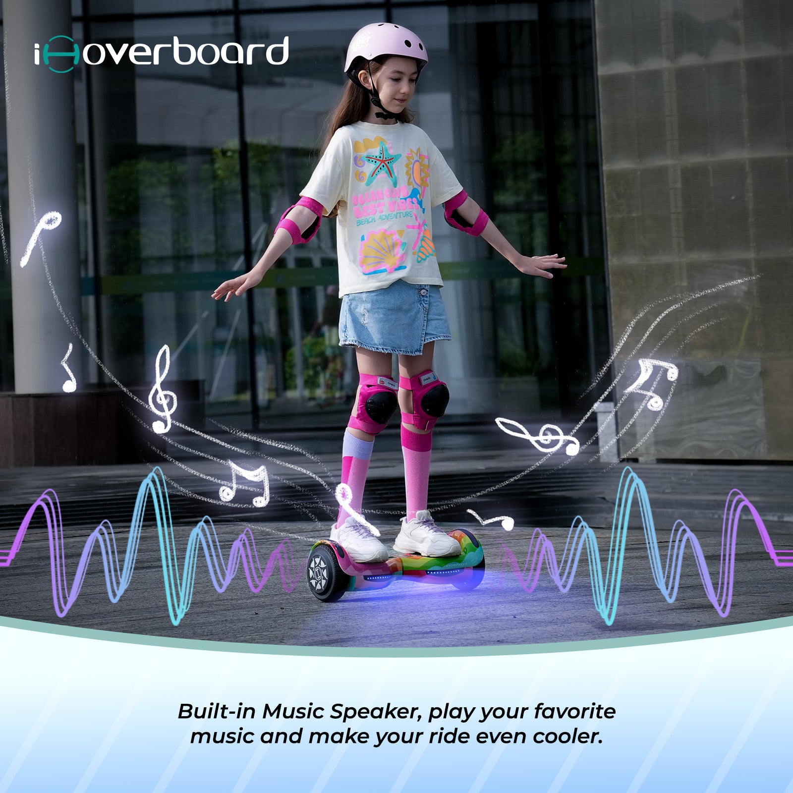 A girl wearing a helmet and knee pads rides the iHoverboard 6.5" Self-Balancing Hoverboard for Kids with Bluetooth LED lights. Illustrated music notes and waves highlight its built-in speaker. Text: Built-in Music Speaker, play your favorite music. A girl wearing a helmet and knee pads rides the iHoverboard 6.5" Self-Balancing Hoverboard for Kids with Bluetooth LED lights. Illustrated music notes and waves highlight its built-in speaker. Text: Built-in Music Speaker, play your favorite music.