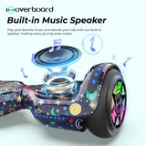 The iHoverboard Hoverboard for Kids, 6.5" Self-Balancing with Bluetooth LED Lights (CE Certified-H1), features a built-in music speaker, highlighted by colorful star and moon designs plus glowing sound wave effects on top.
