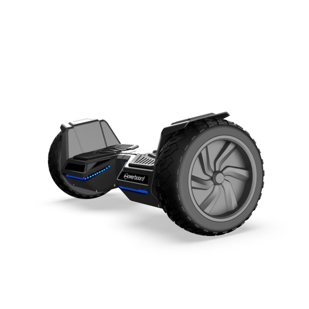 A sleek black hoverboard H8pro with large, rugged tires and blue LED lights is shown on a white background, highlighting its modern design and robust build.