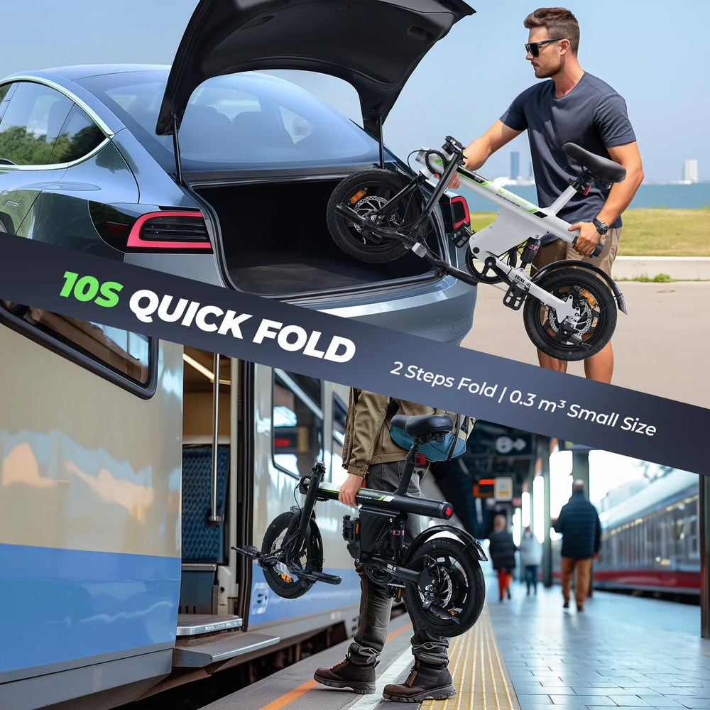 A man places a compact, folded bicycle into a car trunk, showcasing its portability. Below, another person carries the same folded bike onto a train platform, emphasizing its easy transportation. The image highlights a "10S Quick Fold" feature with "2 Steps Fold" and "0.3 m³ Small Size" text.