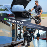 A man places a compact, folded bicycle into a car trunk, showcasing its portability. Below, another person carries the same folded bike onto a train platform, emphasizing its easy transportation. The image highlights a "10S Quick Fold" feature with "2 Steps Fold" and "0.3 m³ Small Size" text.