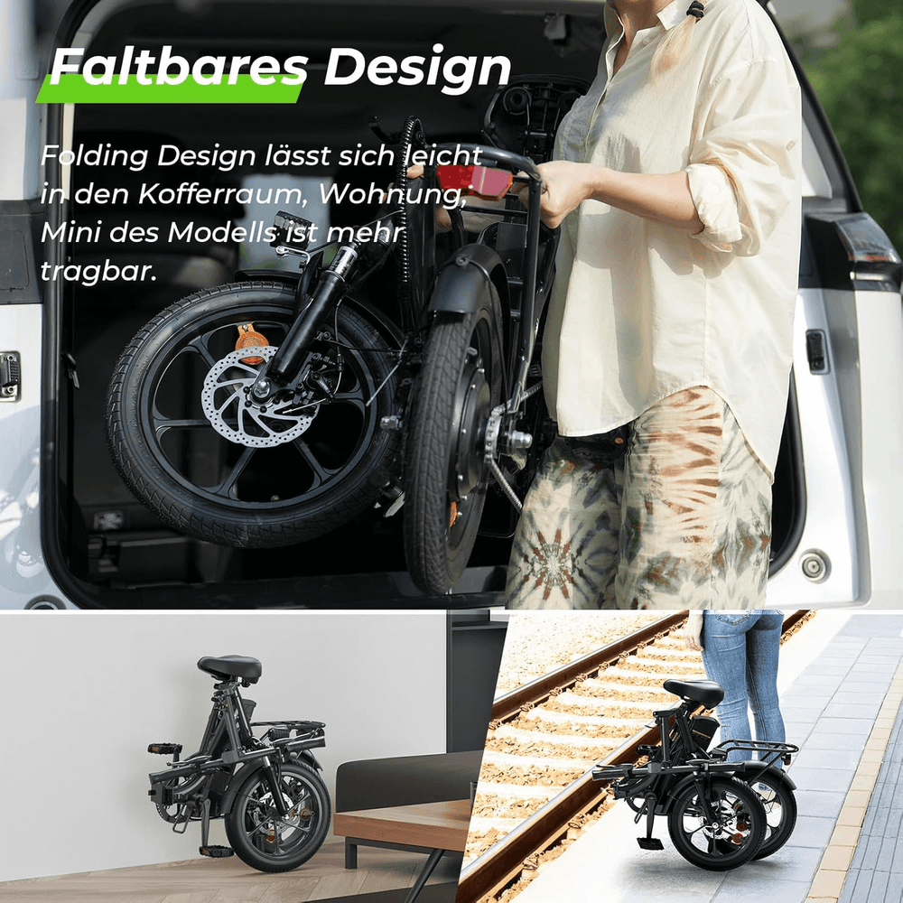 Close-up of 16 inch fat tires on foldable electric bicycle