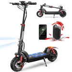The iSinwheel Electric Scooter 1200W All-Terrain Foldable Off-Road E-Scooter – GT2 is shown fully assembled, folded for storage, and beside a smartphone with a control app and black remote. Features a rugged off-road design with bold red accents for adults.
