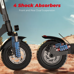 Close-up of a scooter's front and rear wheels, each equipped with vibrant blue shock absorbers, set against a desert landscape under a clear blue sky.