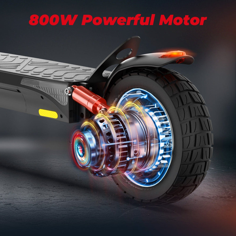 Close-up of an electric scooter's rear wheel showcasing an 800W powerful motor, with dynamic glowing effects emphasizing speed and energy, set against a dark background.