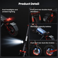 iScooter Off-Road E-Scooter IX5S Electric Scooter, 1000W Motor, 48V 15Ah Battery, 11 Inch Tires, 45km/h Max Speed, 65km Range, Front & Rear Disc Brake, Front & Rear Suspension