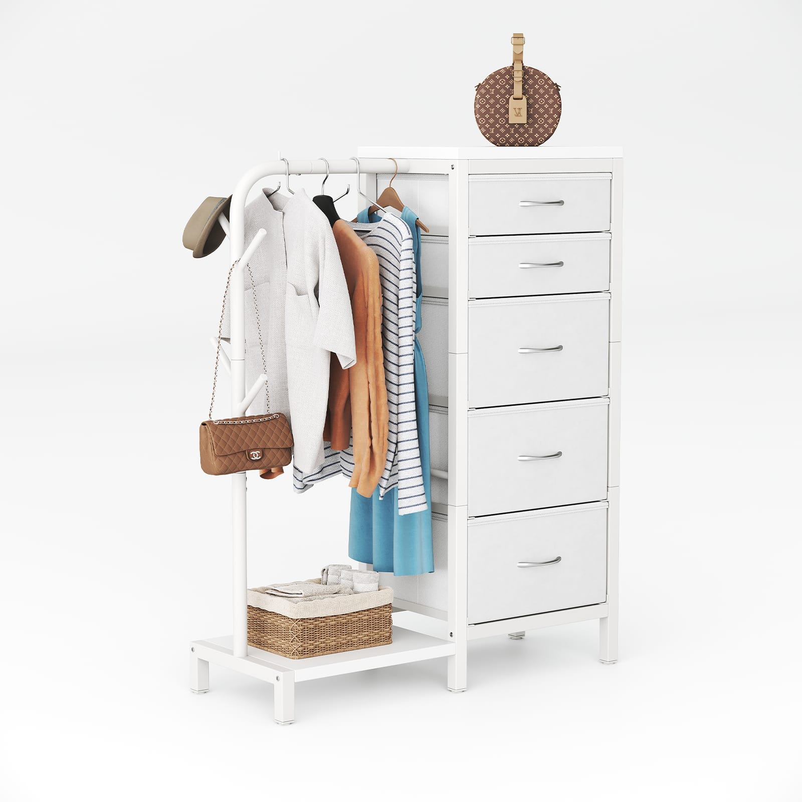 CyberCart Coat Rack, Wardrobe with 5 Fabric Drawers, Chest of Drawers with Clothes Rail