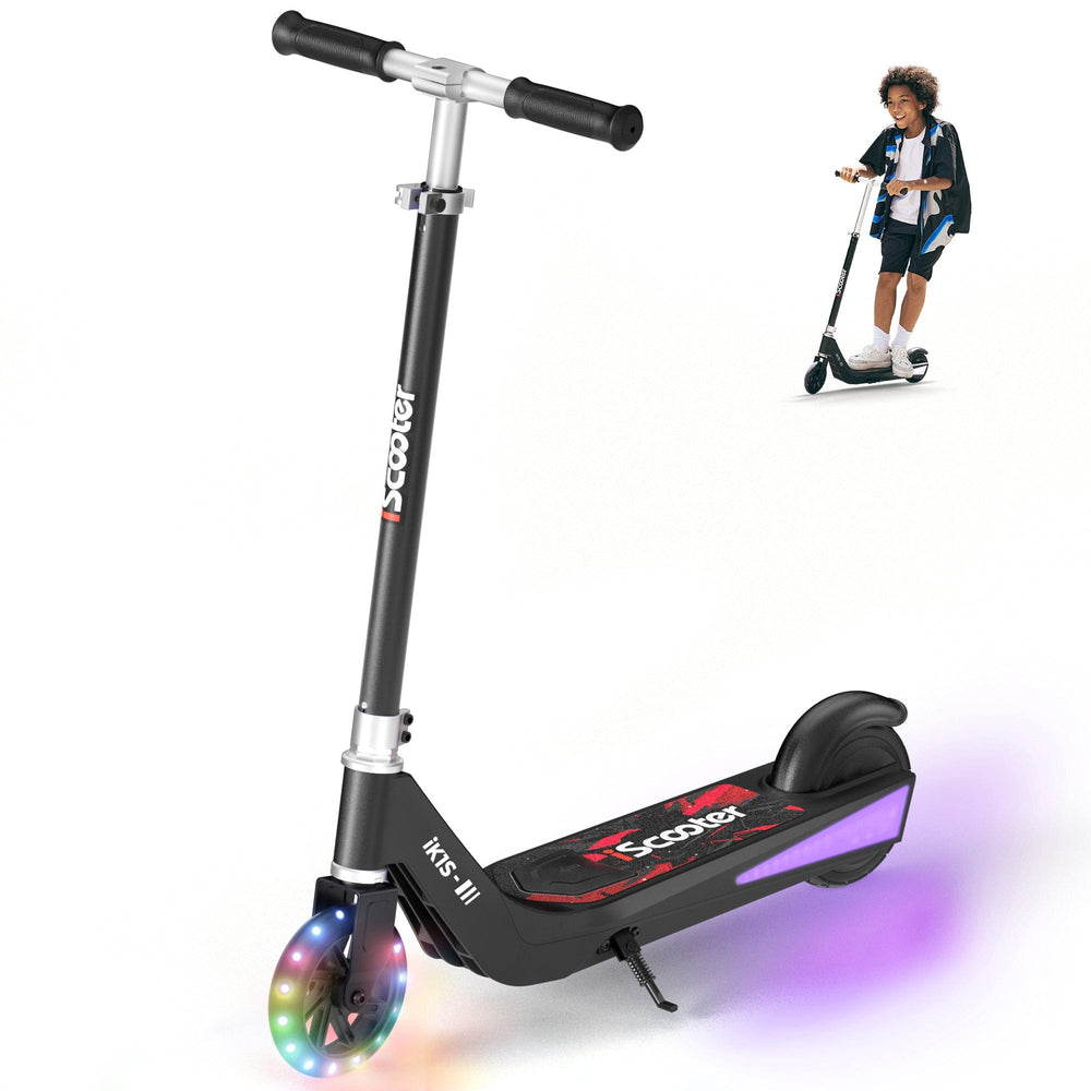 Black scooter with glowing wheels on a white background