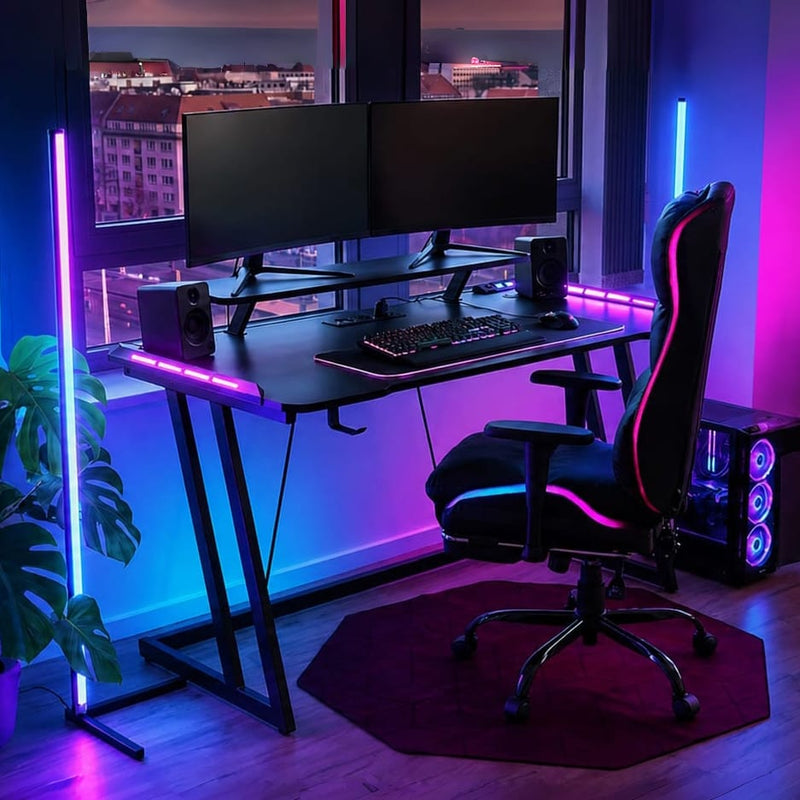 CyberCart Cybercart RGB Gaming Desk with Z-Shaped Sturdy Steel Frame & Carbon Fiber Textured Surface, Ergonomic PC Computer Desk for Gamers