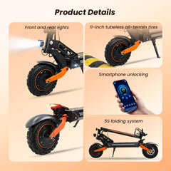 iScooter Commuter E-Scooter W12 Electric Scooter, 2*1500W Motor, 52V 25Ah Battery, 11 inch Tires, 70km/h Max Speed, 100km Range, Front & Rear Disc Brakes, Sleeve shock absorbers