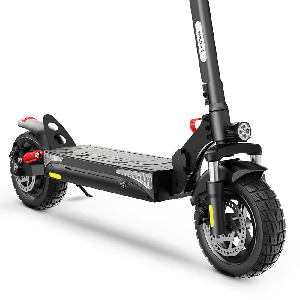 A sleek black electric scooter with a sturdy deck and thick tires, featuring a front headlight and red suspension components, is displayed against a white background.