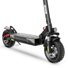 A sleek black electric scooter with a sturdy deck and thick tires, featuring a front headlight and red suspension components, is displayed against a white background.