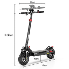 A sleek black electric scooter with adjustable handlebars is shown, measuring 111-134 cm in height, 60 cm in width, and 115 cm in length. The scooter features robust tires and a sturdy frame, with a deck height of 15 cm.