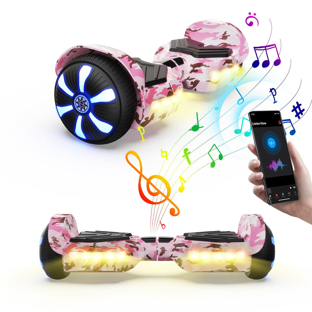 The iHoverboard Hoverboard for Kids Aged 6+, model H2, features pink camouflage, self-balancing technology, Bluetooth music connectivity, and glowing LED lights on its 6.5” wheels and sides.