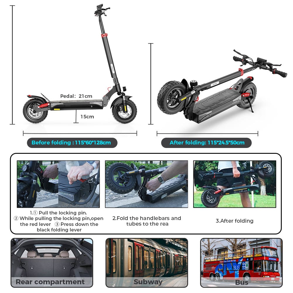 The image shows a black electric scooter in two states: unfolded and folded. The unfolded dimensions are 115*60*128 cm, and the folded dimensions are 115*24.5*50 cm. Below, a step-by-step folding guide illustrates pulling a locking pin, folding handlebars, and lifting the scooter. Additional images depict the scooter fitting into a car's rear compartment, a subway, and a bus, highlighting its portability.