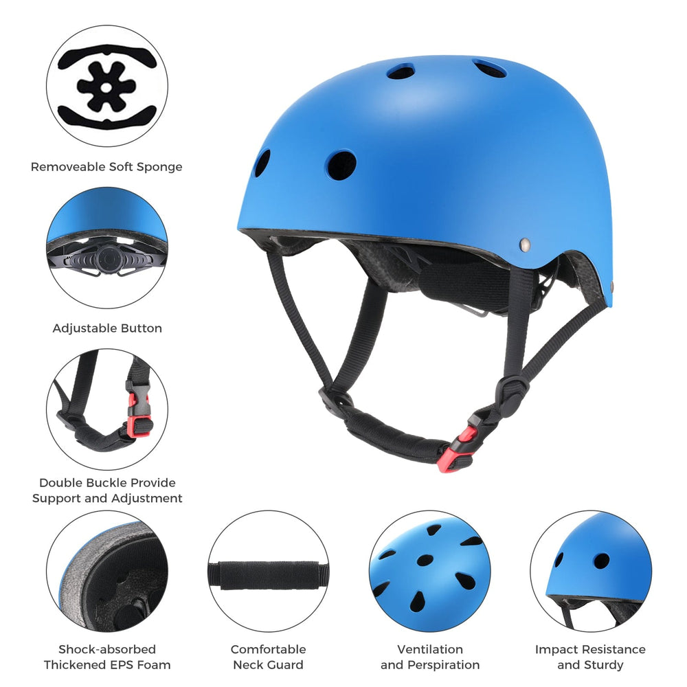 Blue kids' helmet with features highlighted on a white background