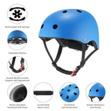 A blue helmet with ventilation holes is shown, featuring an adjustable strap with a red buckle. Surrounding images highlight features like a removable soft sponge, adjustable button, shock-absorbing EPS foam, comfortable neck guard, and impact resistance.
