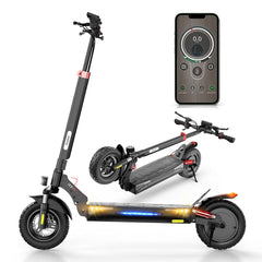 A sleek black electric scooter is shown in two positions: upright and folded. The scooter features thick tires and LED lights along the side. Above it, a smartphone displays a control app interface.