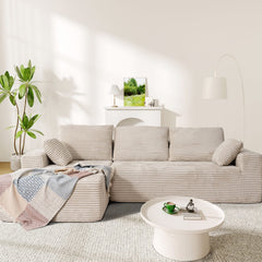 Patbrela Ares Minimalist 2-Seater Sofa Corduroy L-Shaped Sofa, 4-Seat Chaise Lounge, No Assembly, Beige