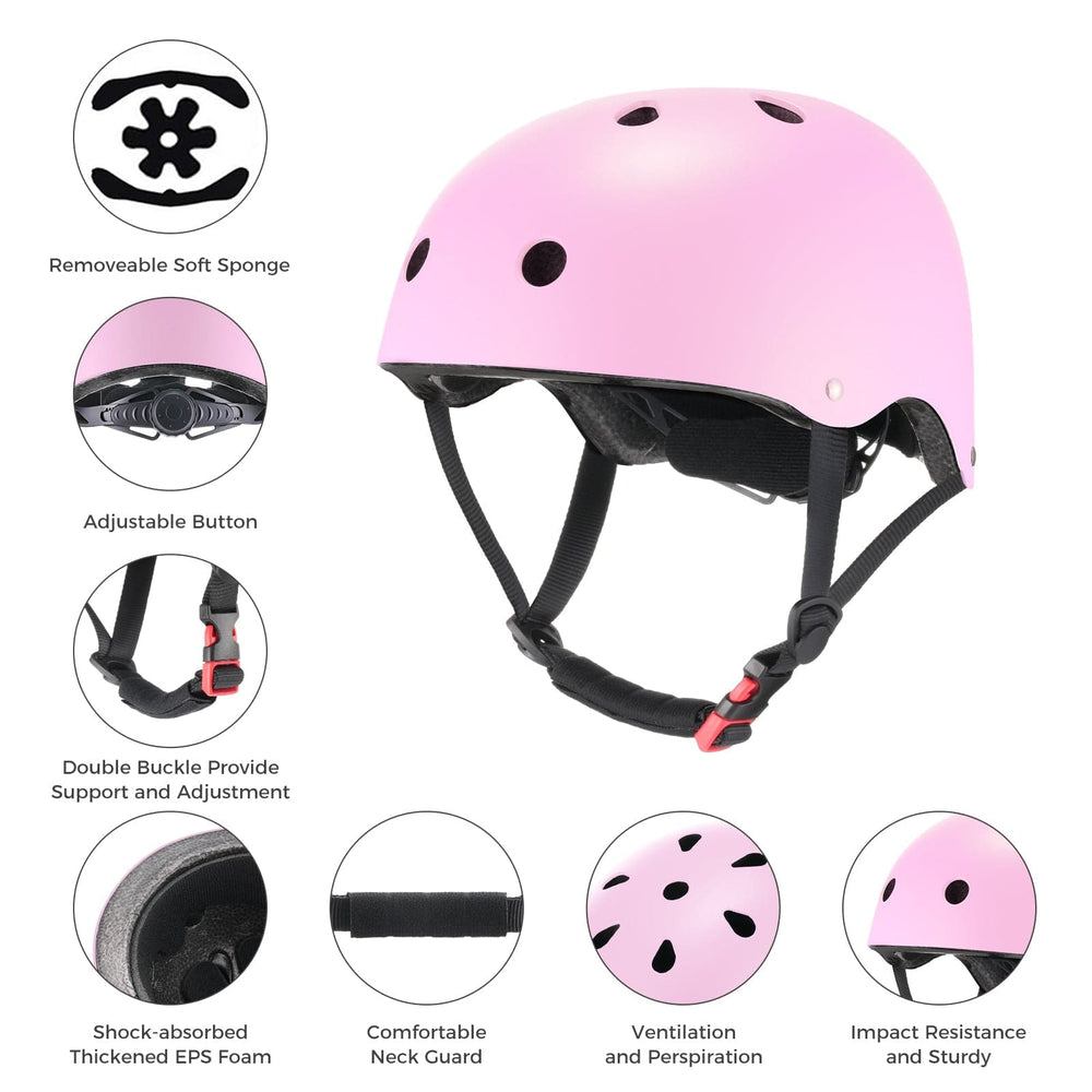 A pink helmet with multiple ventilation holes is shown, featuring a black adjustable strap with a red buckle. Surrounding the helmet are detailed images highlighting features like a removable soft sponge, adjustable button, double buckle for support, shock-absorbed thickened EPS foam, comfortable neck guard, and impact resistance.