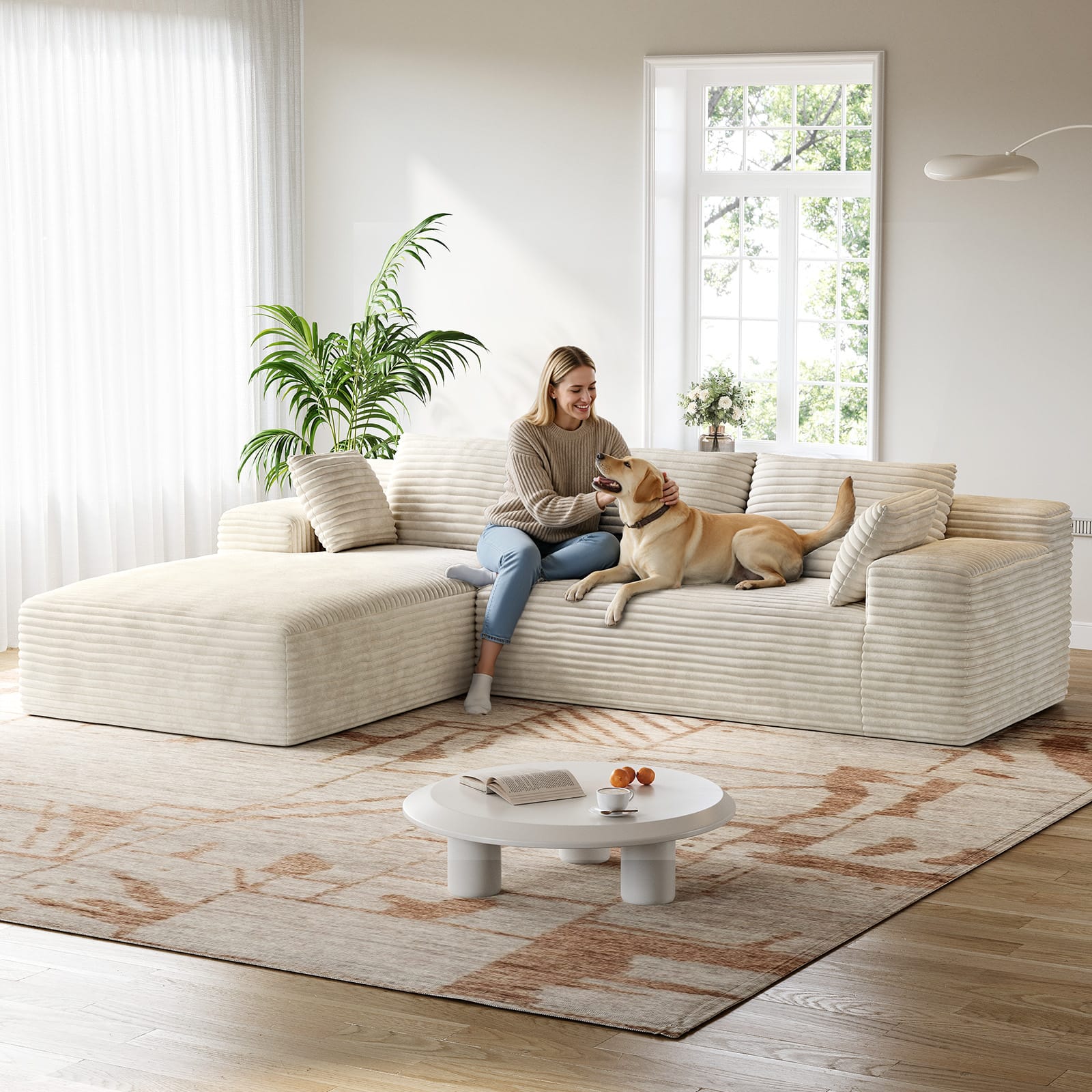 CyberCart Ares Minimalist 2-Seater Sofa Corduroy L-Shaped Gaming Sofa, 4-Seat Chaise Lounge, No Assembly, Beige