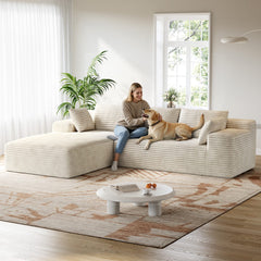 CyberCart Ares Minimalist 2-Seater Sofa Corduroy L-Shaped Gaming Sofa, 4-Seat Chaise Lounge, No Assembly, Beige