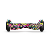A hoverboard h1 with colorful, cartoon dinosaur graphics on a black background is shown, featuring two black wheels and illuminated blue lights.