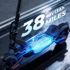 A sleek electric scooter is shown with a digital overlay highlighting its battery capacity of 48V13Ah and a range of 38 miles, featuring illuminated battery cells and electric currents running through the base.