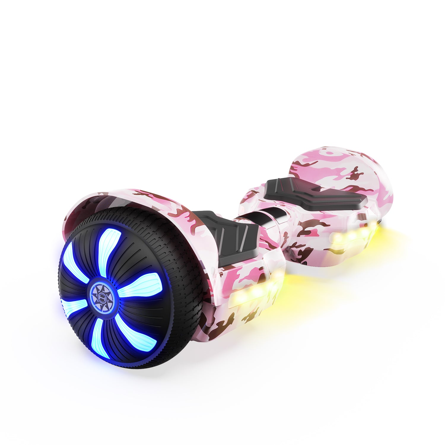 The iHoverboard Hoverboard for Kids Aged 6+, a pink camouflage 6.5" self-balancing board, features bright blue and yellow LED lights, Bluetooth speaker capability, and is perfect for kids—shown on a white background. The iHoverboard Hoverboard for Kids Aged 6+, a pink camouflage 6.5" self-balancing board, features bright blue and yellow LED lights, Bluetooth speaker capability, and is perfect for kids—shown on a white background.
