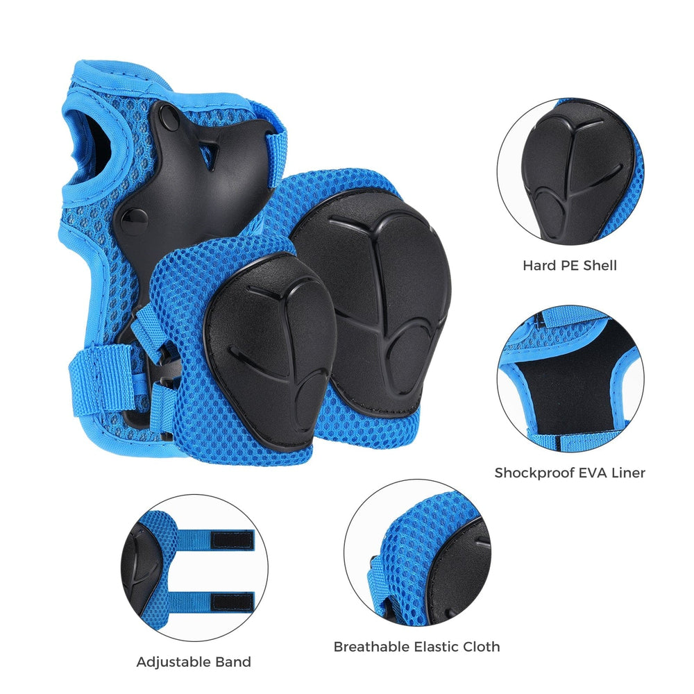 A set of blue protective gear featuring knee and elbow pads with hard black PE shells. The gear includes adjustable bands and is made from breathable elastic cloth with a shockproof EVA liner. Circular insets highlight these features.
