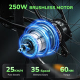 Bicycle wheel with a brushless motor, highlighting specifications on a dark background