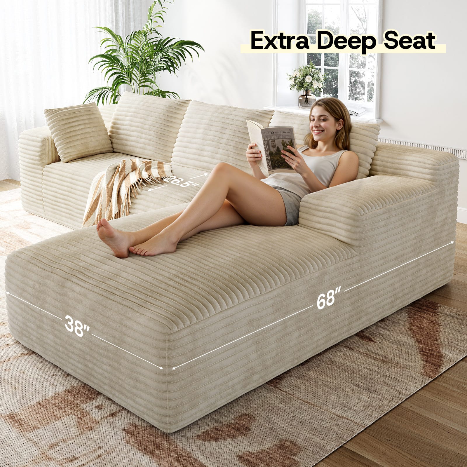CyberCart Ares Minimalist 2-Seater Sofa Corduroy L-Shaped Gaming Sofa, 4-Seat Chaise Lounge, No Assembly, Beige