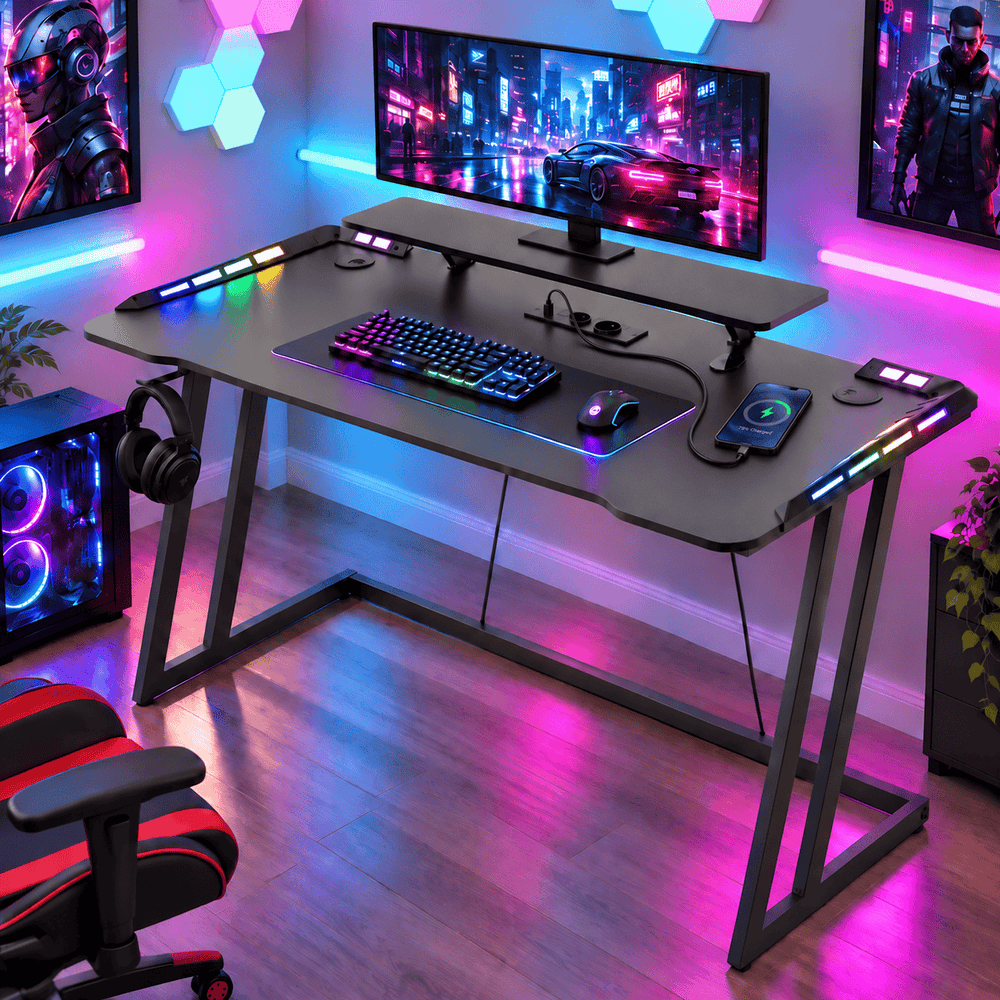 CyberCart Cybercart RGB Gaming Desk with Z-Shaped Sturdy Steel Frame & Carbon Fiber Textured Surface, Ergonomic PC Computer Table for Gamers