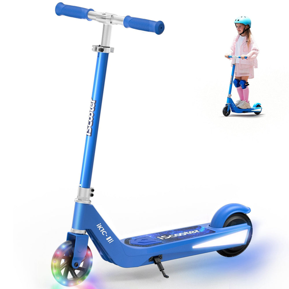 Blue scooter with colorful wheels on a white background