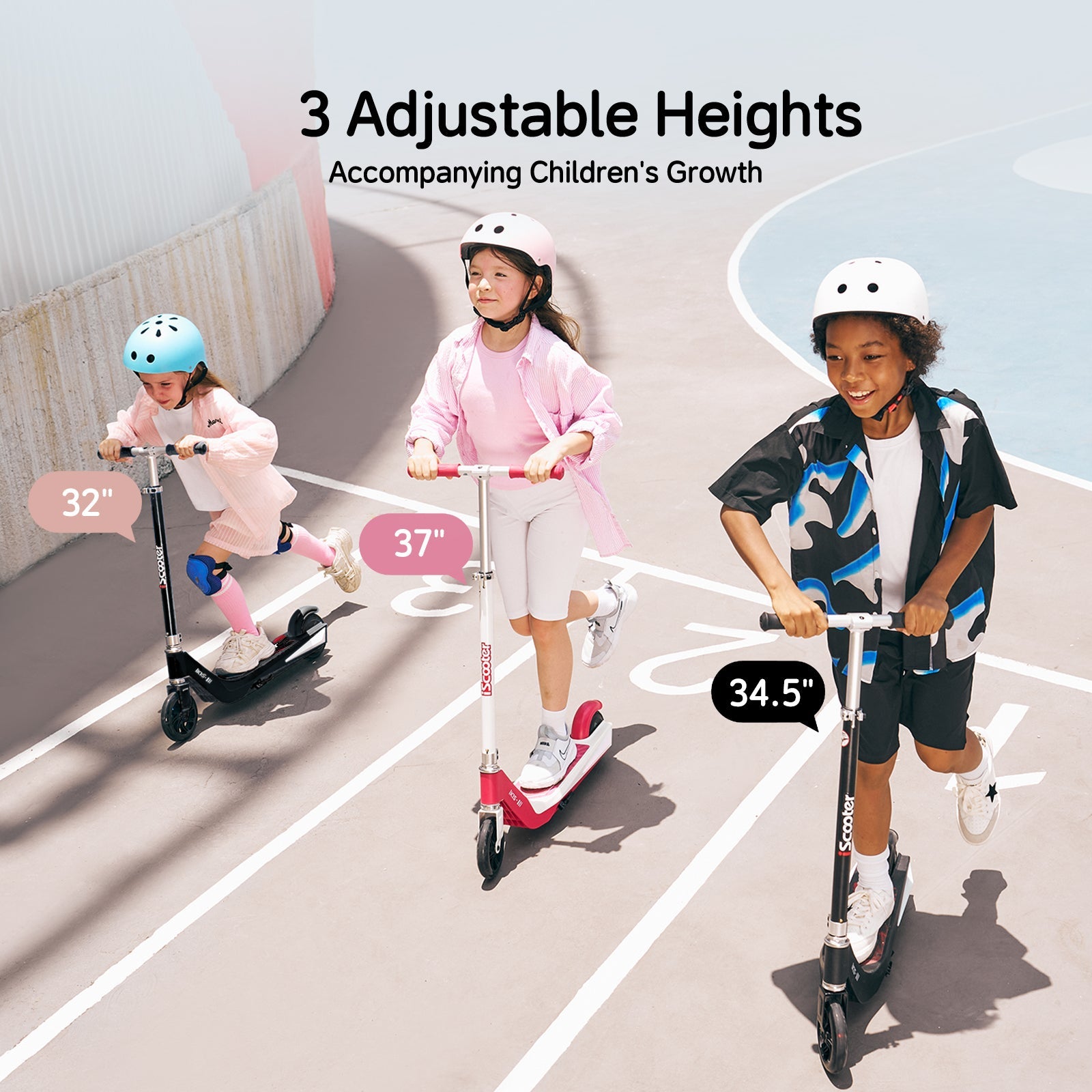 Three children ride scooters ik1s on a sunny track, each with helmets and different scooter heights: 32 inches, 37 inches, and 34.5 inches, showcasing adjustable features for growth.
