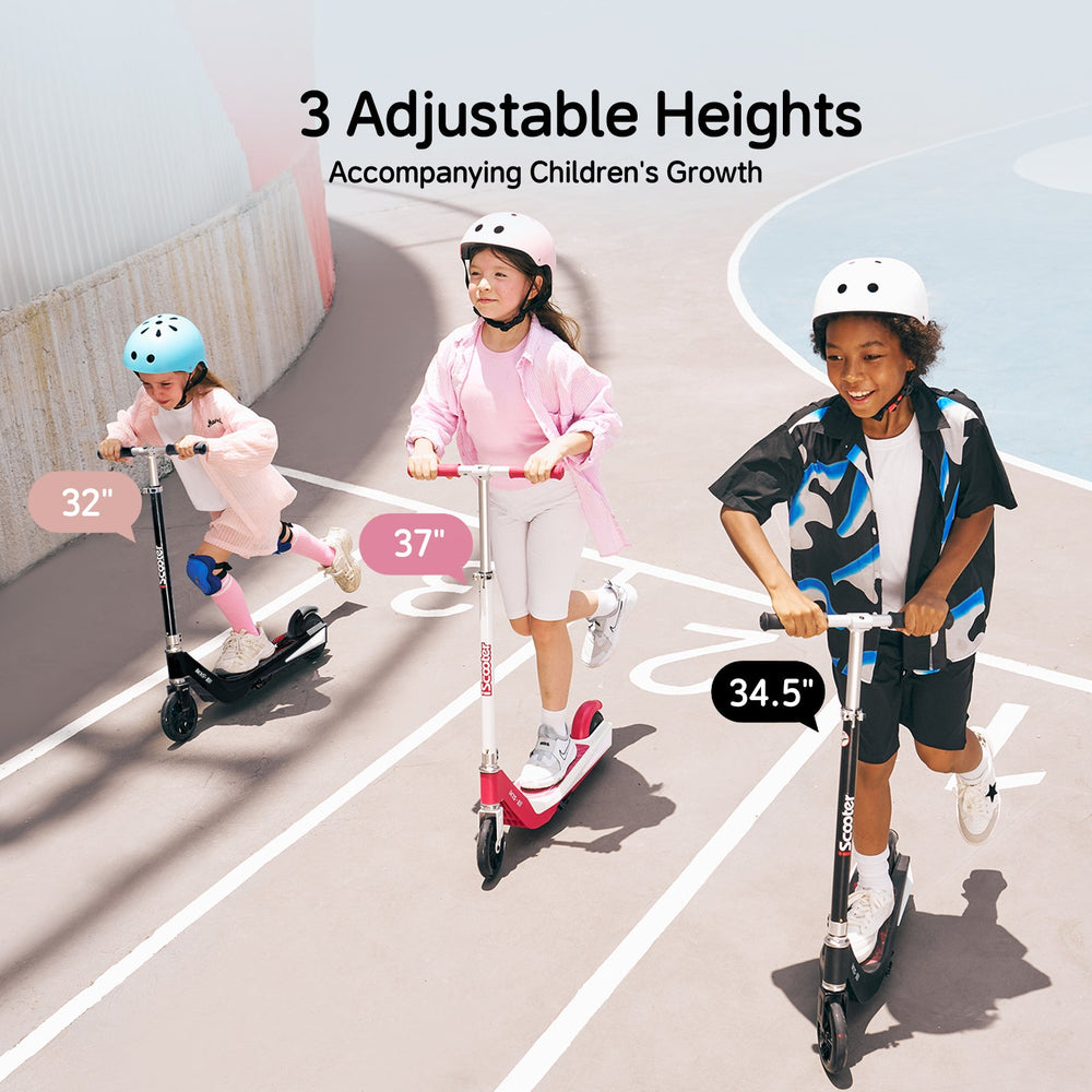 Three children ride scooters ik1s on a sunny track, each with helmets and different scooter heights: 32 inches, 37 inches, and 34.5 inches, showcasing adjustable features for growth.