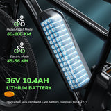 Bicycle battery pack with specifications on a dark background