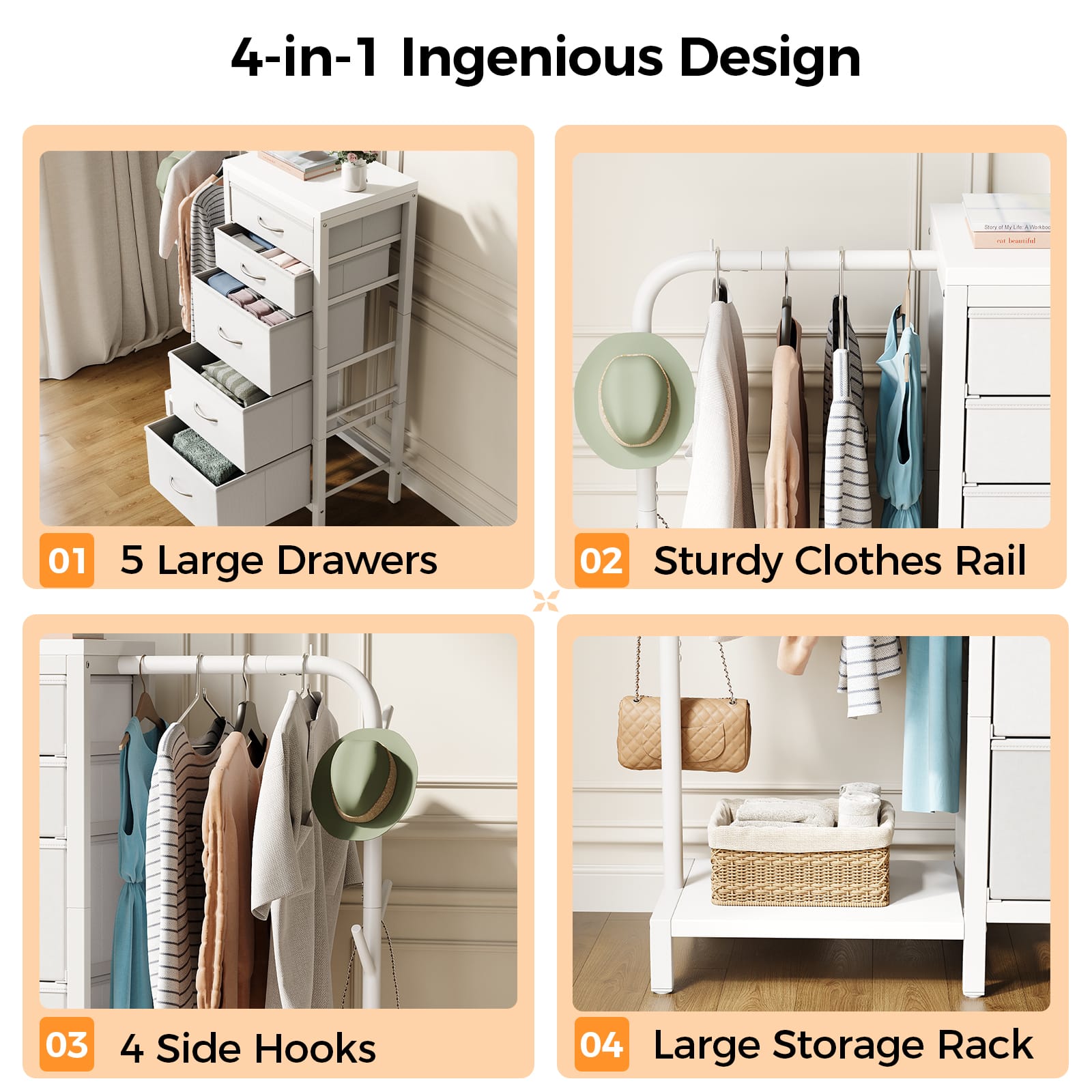 CyberCart Coat Rack, Wardrobe with 5 Fabric Drawers, Chest of Drawers with Clothes Rail