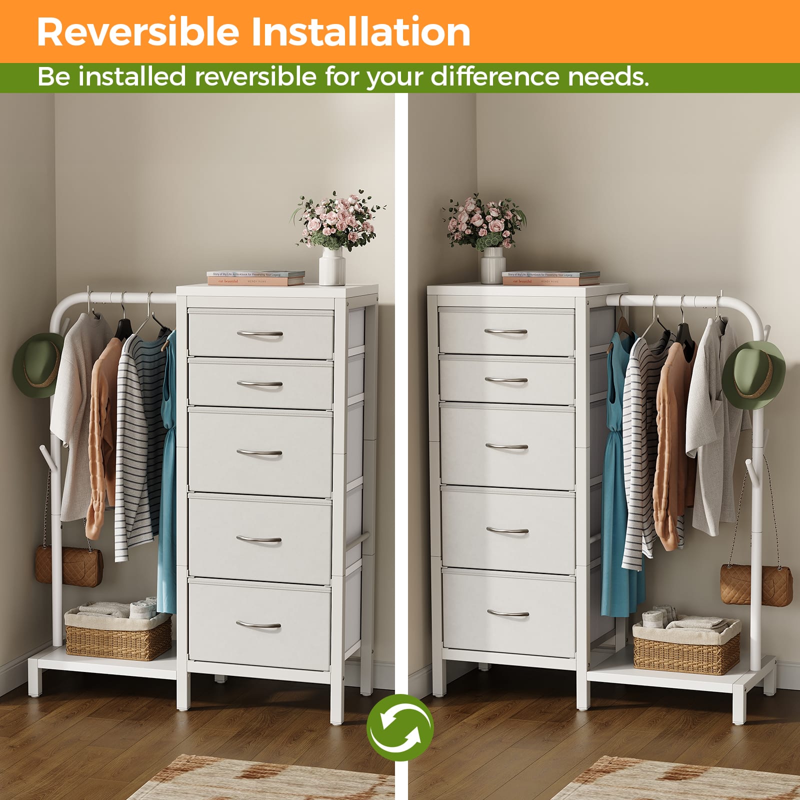 CyberCart Coat Rack, Wardrobe with 5 Fabric Drawers, Chest of Drawers with Clothes Rail