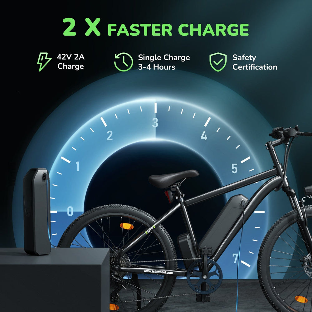Electric bike with charging station and speedometer graphic on a dark background