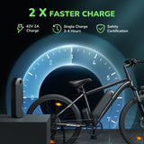 Electric bike with charging station and speedometer graphic on a dark background