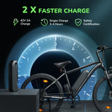 A black electric bike M10 is displayed with a battery pack beside it, set against a backdrop featuring a speedometer graphic. The text highlights a "2X Faster Charge" with specifications of a 42V 2A charge, a single charge time of 3-4 hours, and safety certification.
