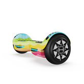 A colorful hoverboard with a vibrant, wavy pattern in shades of yellow, green, blue, and pink, featuring black wheels with a geometric design on the hubcaps, set against a plain white background.