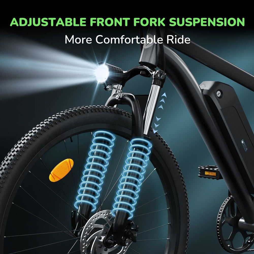 A close-up of a M10 bicycle's front wheel featuring an adjustable front fork suspension, highlighted with glowing blue lines, and a bright headlight illuminating the scene, promoting a more comfortable ride.