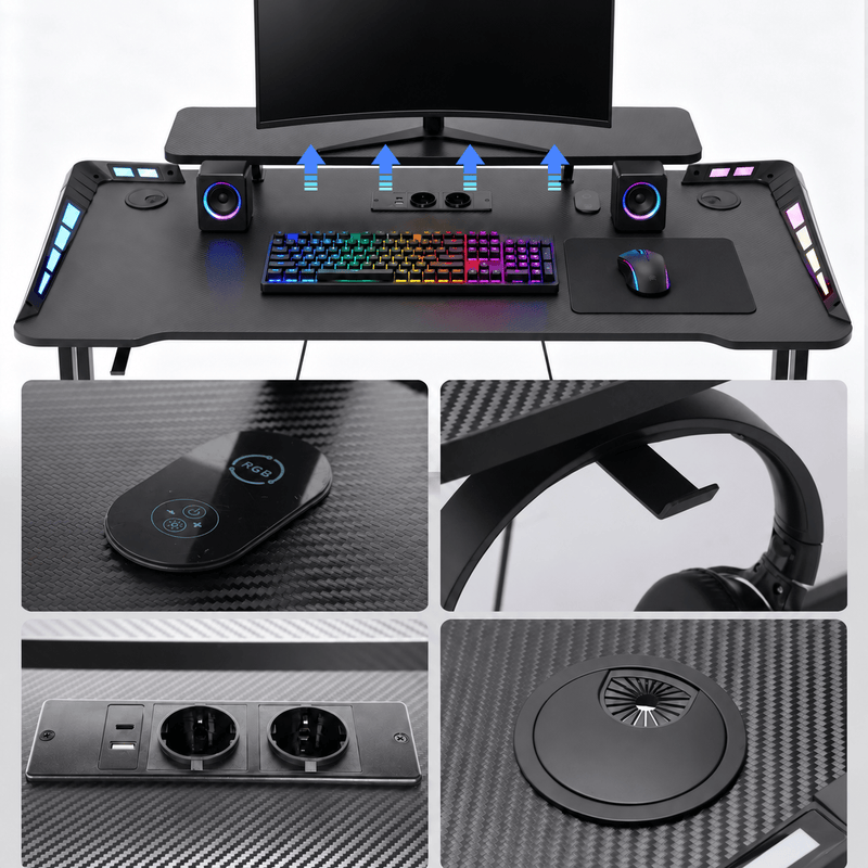 CyberCart Cybercart RGB Gaming Desk with Z-Shaped Sturdy Steel Frame & Carbon Fiber Textured Surface, Ergonomic PC Computer Desk for Gamers