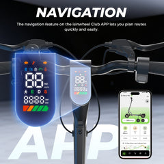 A scooter handlebar with a digital display shows speed and battery levels, alongside a smartphone screen displaying the isinwheel Club app interface for navigation and route planning.