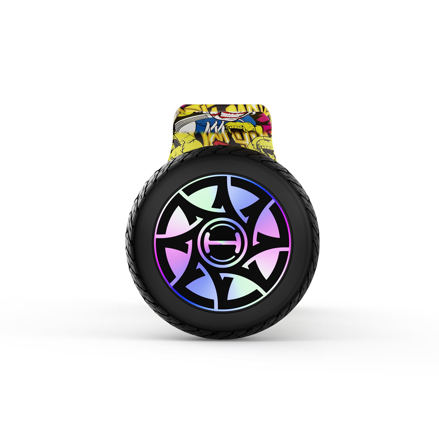 Black hoverboard wheel with colorful hub design on a white background Black hoverboard wheel with colorful hub design on a white background